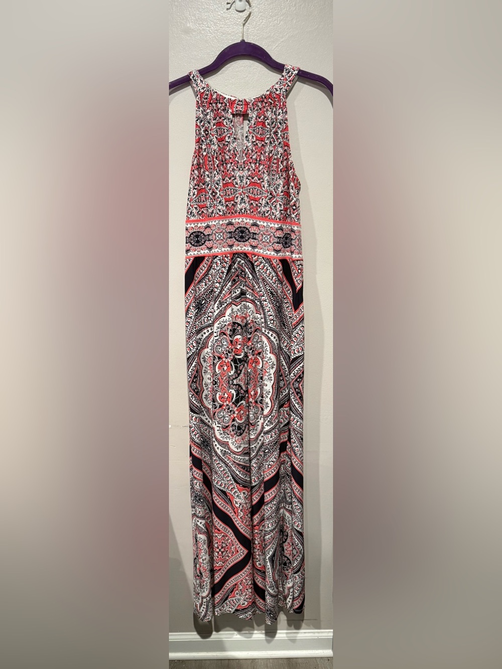 London Times Coral Black and White Paisley Maxi Dress